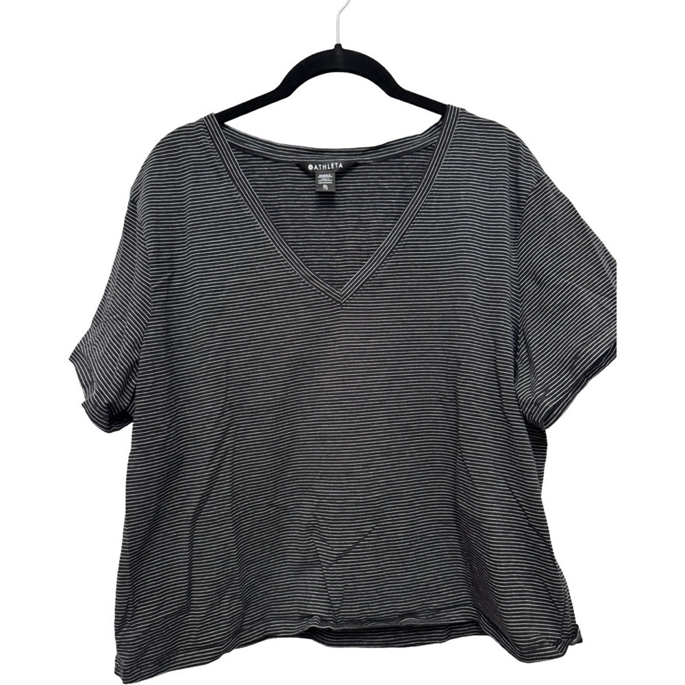 Athleta Black and White Striped Short Sleeve Top
